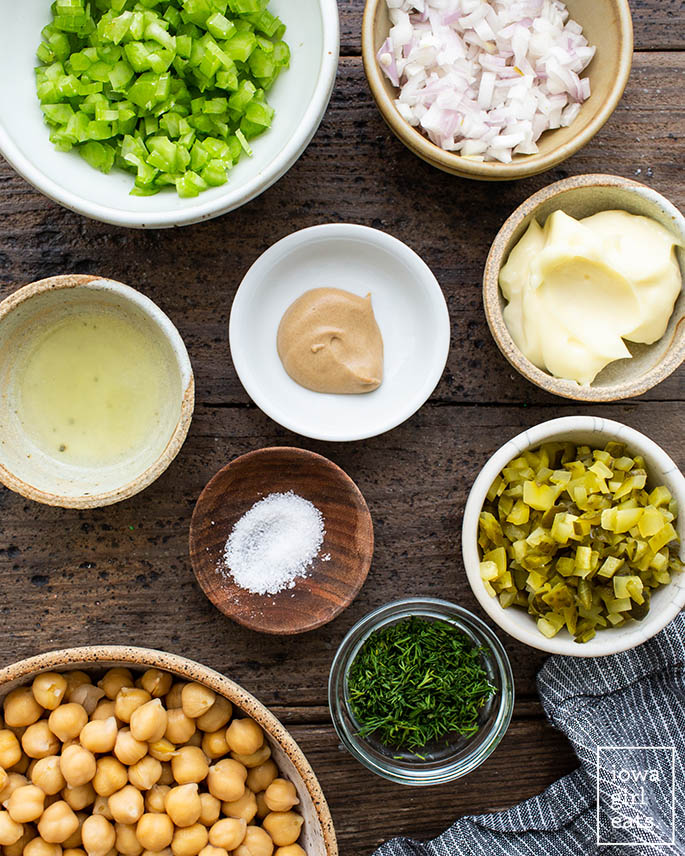 ingredients for chickpea chicken salad on a cutting board