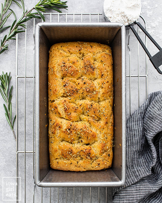 a loaf of gluten free focaccia bread in a pan