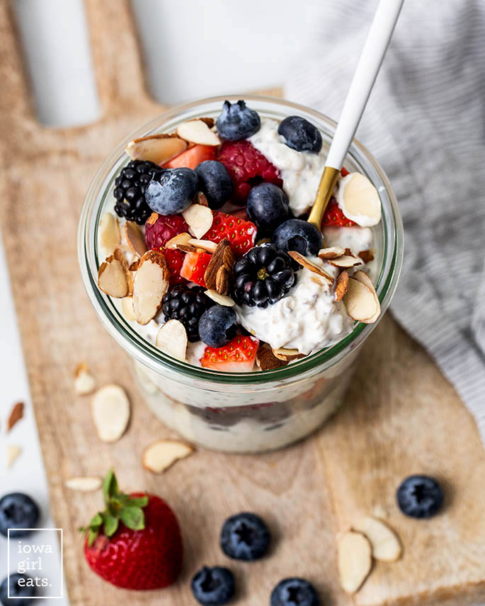 high protein overnight oats with berries and almonds