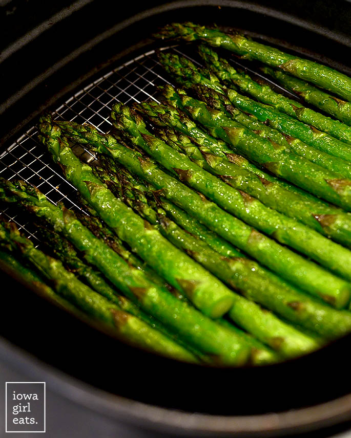Air fried asparagus in a basket