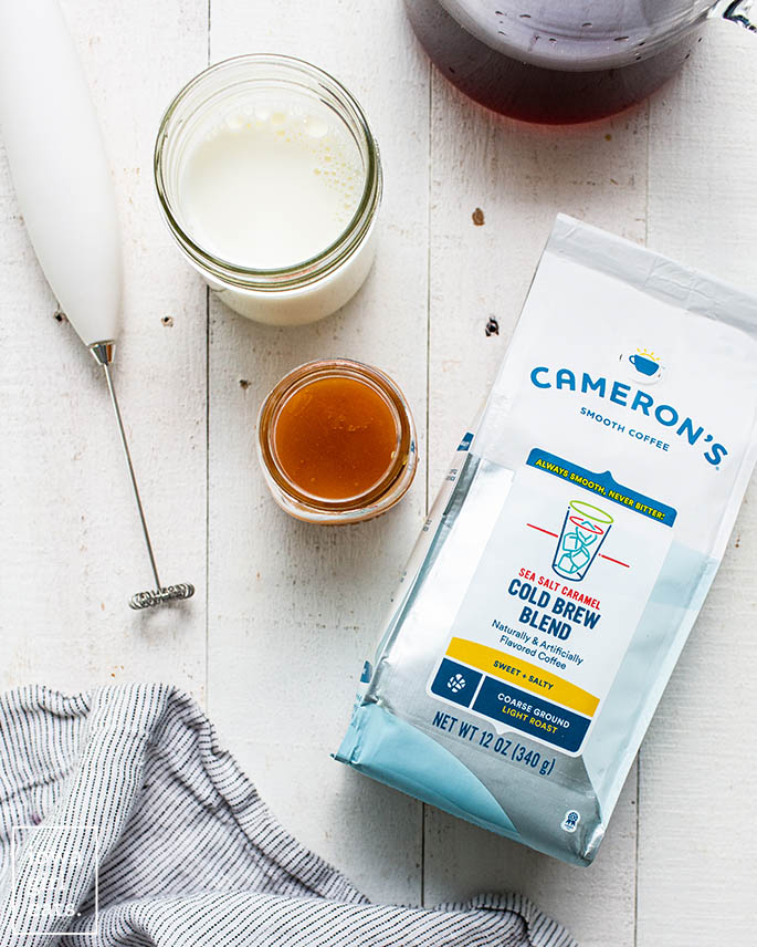 bag of cameron's coffee with caramel simple syrup