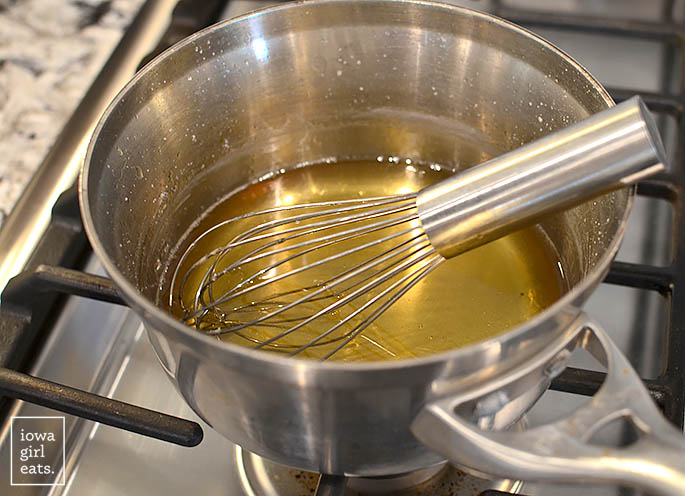 caramel simple syrup in a saucepan