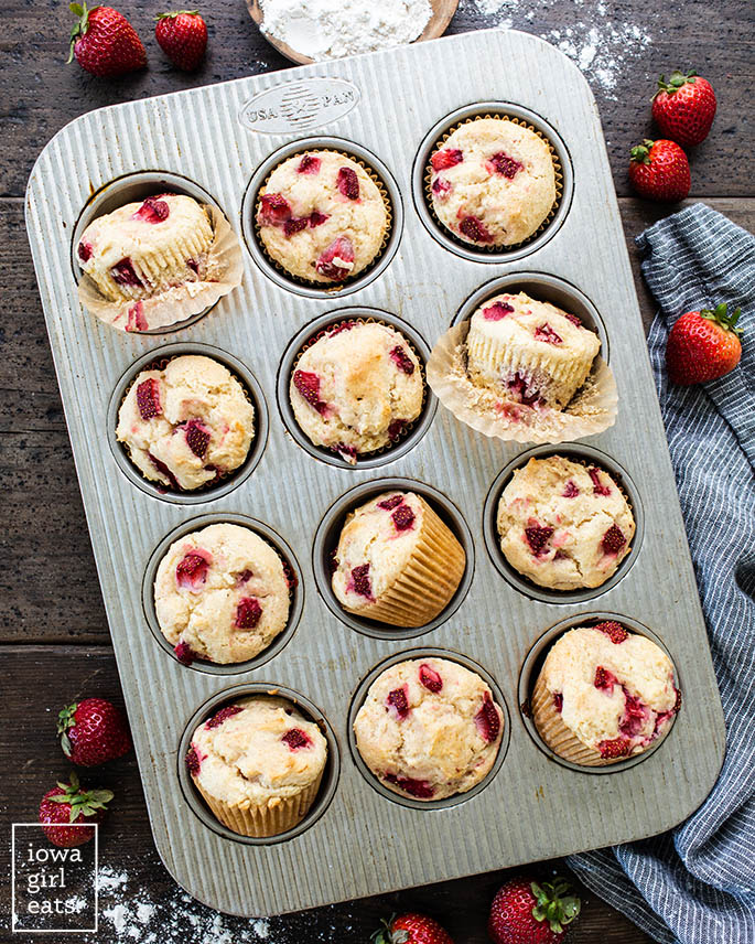 gluten free strawberry muffins in a muffin tin