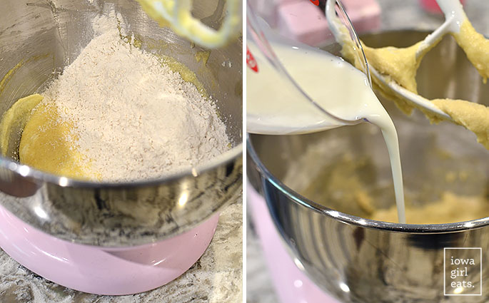 buttermilk being added to muffin batter