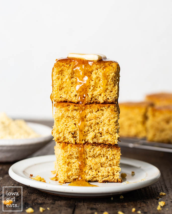 stack of gluten free cornbread squares on a plate