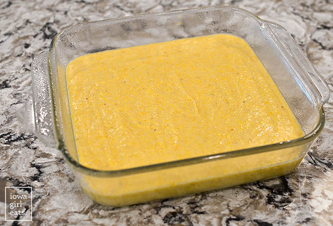 gluten free cornbread batter in a baking dish