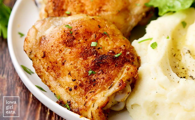close up of acrispy baked chicken thigh