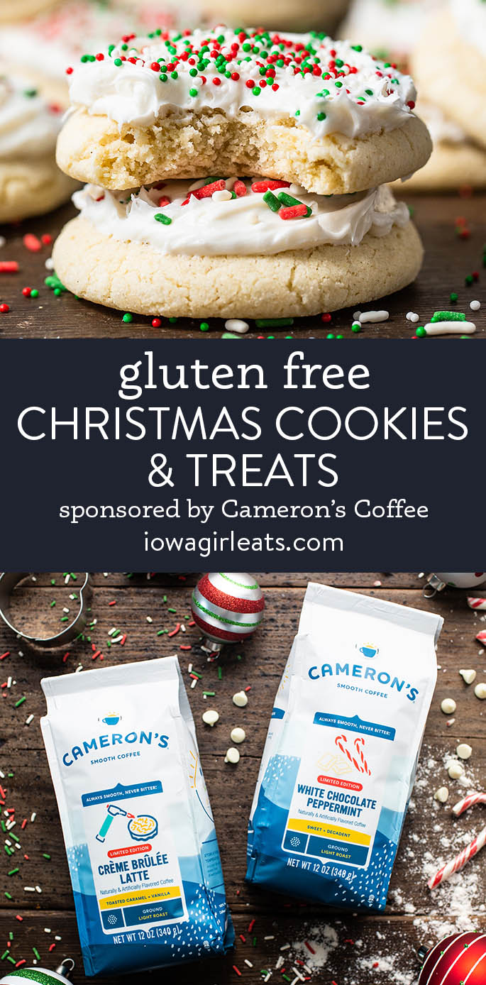 photo collage of gluten free christmas cookies and cameron's coffee holiday flavors