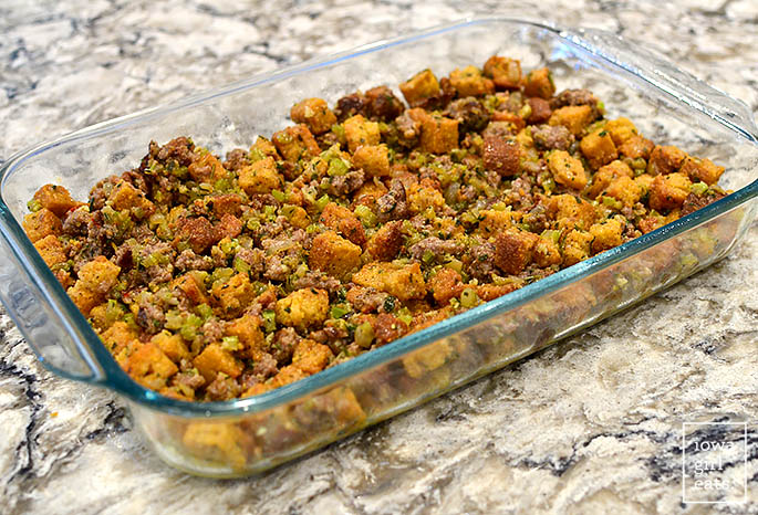 unbaked gluten free stuffing in a baking dish