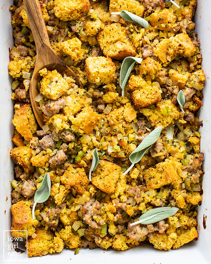 close up p،to of gluten free cornbread stuffing in a baking dish