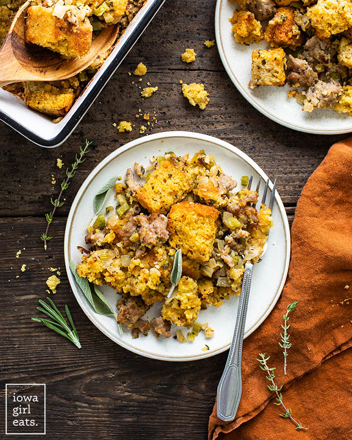 gluten free cornbread stuffing on a plate with a fork