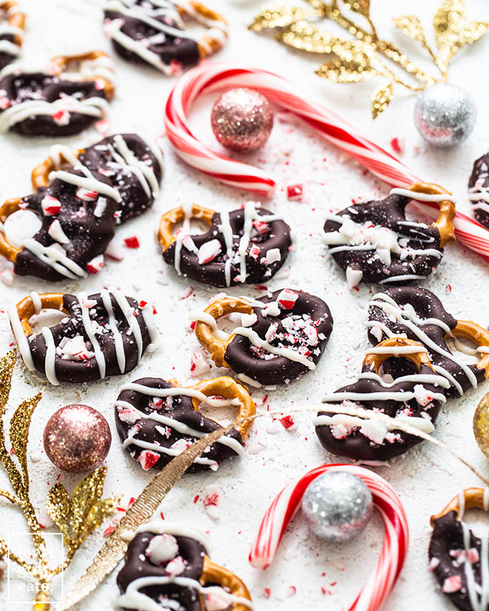 chocolate peppermint covered pretzels with candy canes