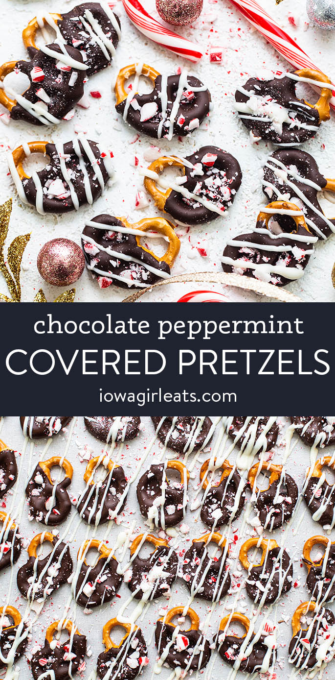 photo collage of chocolate peppermint covered pretzels