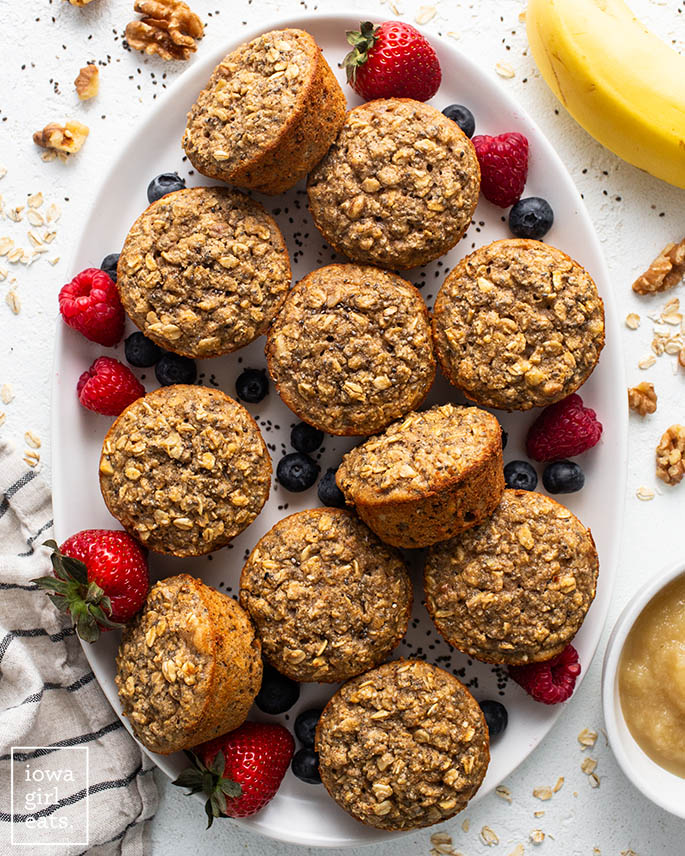 baked oatmeal cups with fruit on a platter