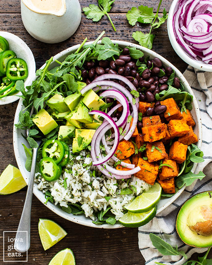 roasted sweet potato bowls with fresh toppings
