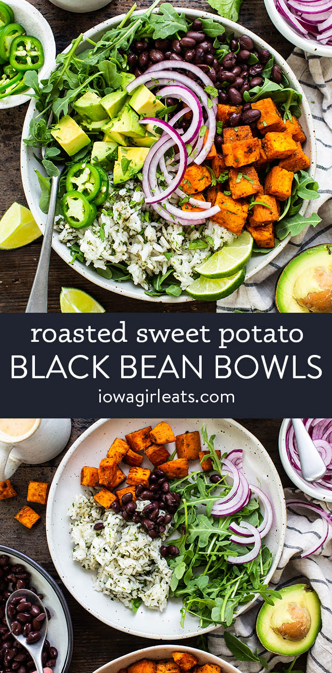 photo collage of roasted sweet potato black bean bowls with chili lime dressing