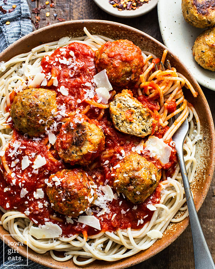 baked meatballs on top of spaghetti