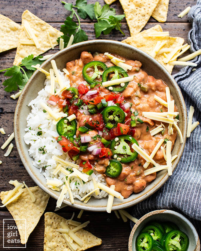 creamy pinto beans with rice and cheese