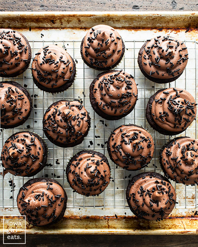 vegan gluten free chocolate cupcakes on a cooling rack