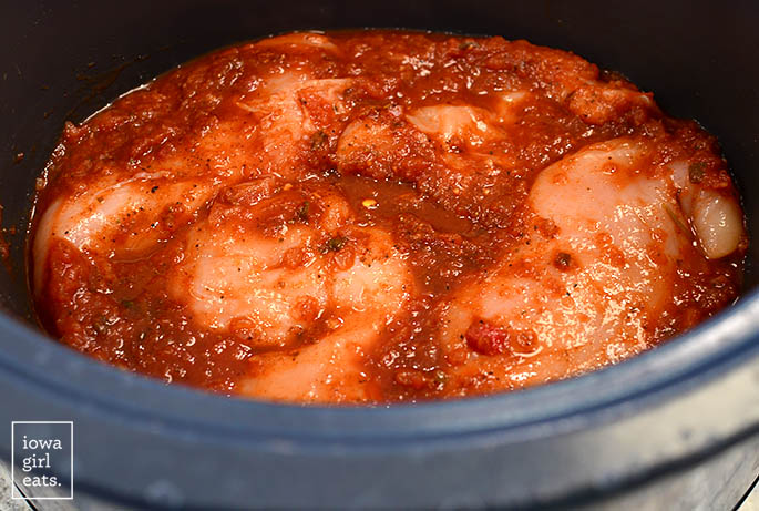 ingredients for crock pot salsa chicken mixed in crock pot