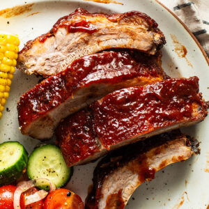 plate with sliced oven baked ribs