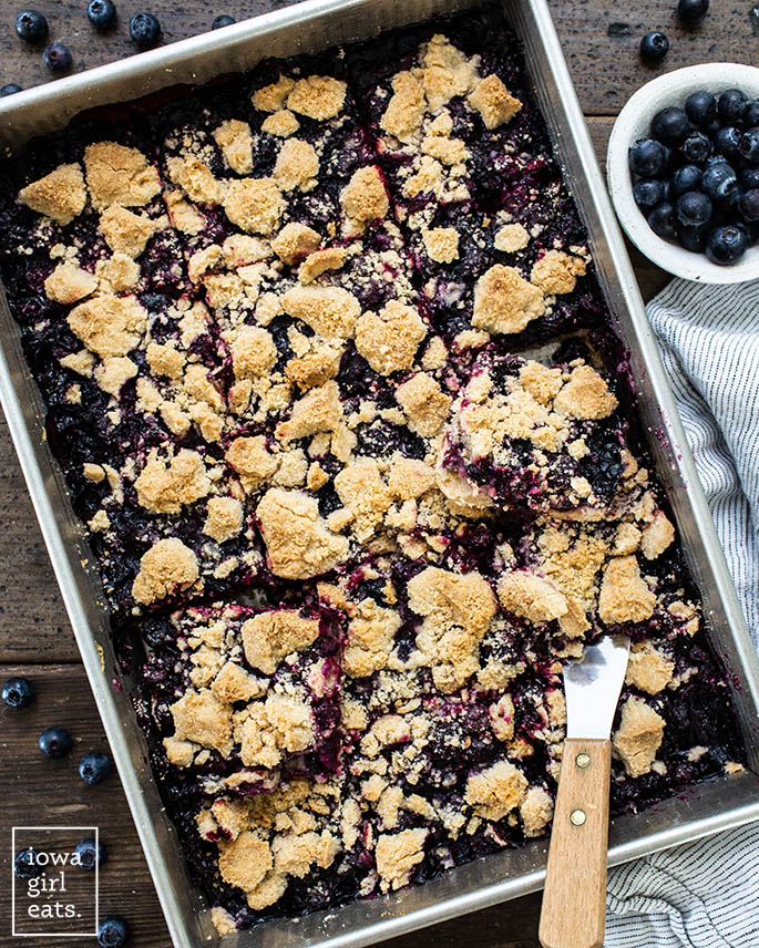pan of gluten free blueberry pie bars