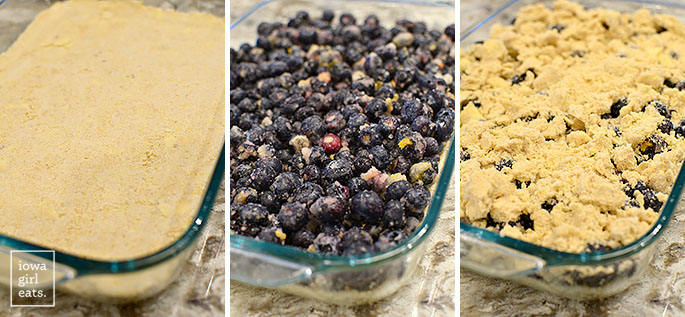 layers of gluten free blueberry pie bars in a baking pan