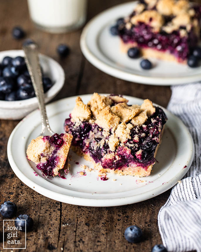 slice of gluten free blueberry bars on a plate with a fork
