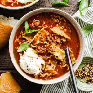 overhead photo of a bowl of gluten free lasagna soup