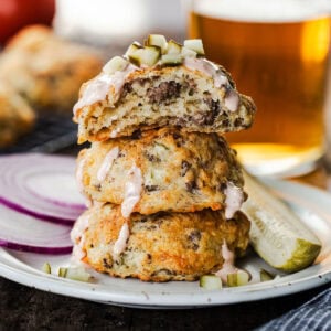 stack of gluten free cheeseburger bombs with burger sauce