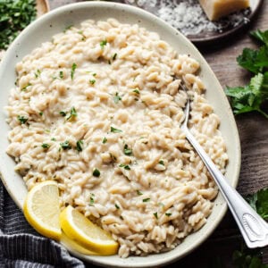 bowl of creamy parmesan garlic orzo