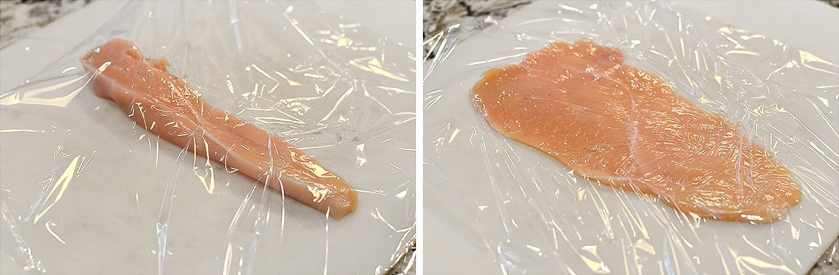 pounding out a chicken cutlet