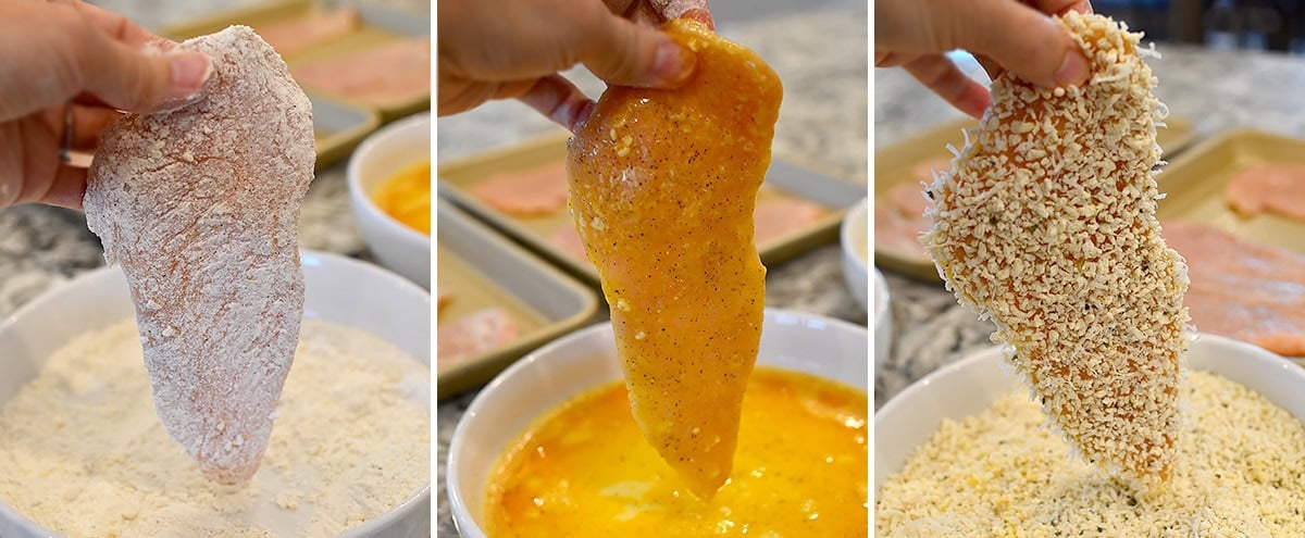 chicken cutlets being breaded