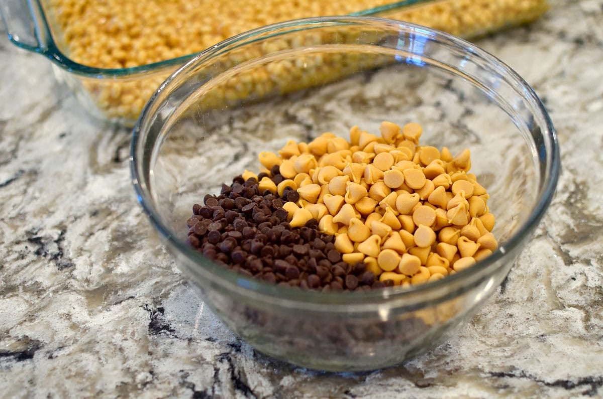 chocolate chip and butterscotch chips in a bowl