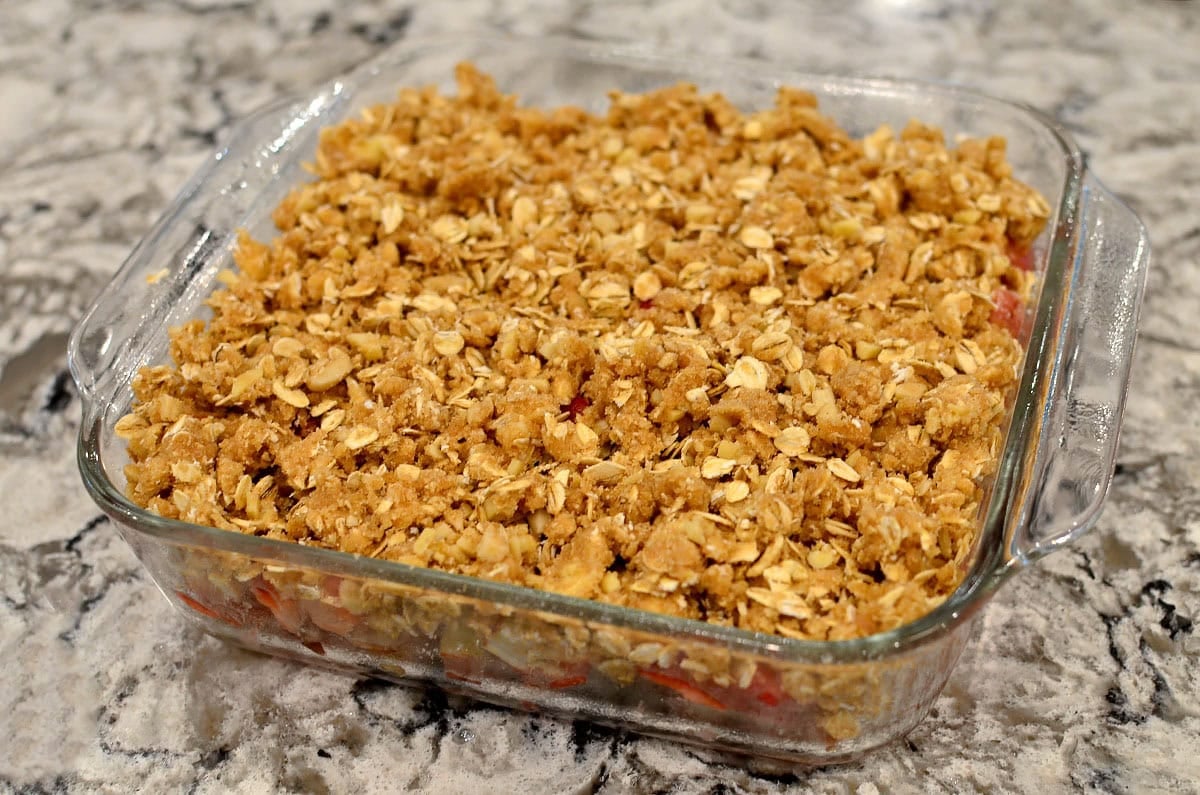 unbaked pan of strawberry rhubarb crisp