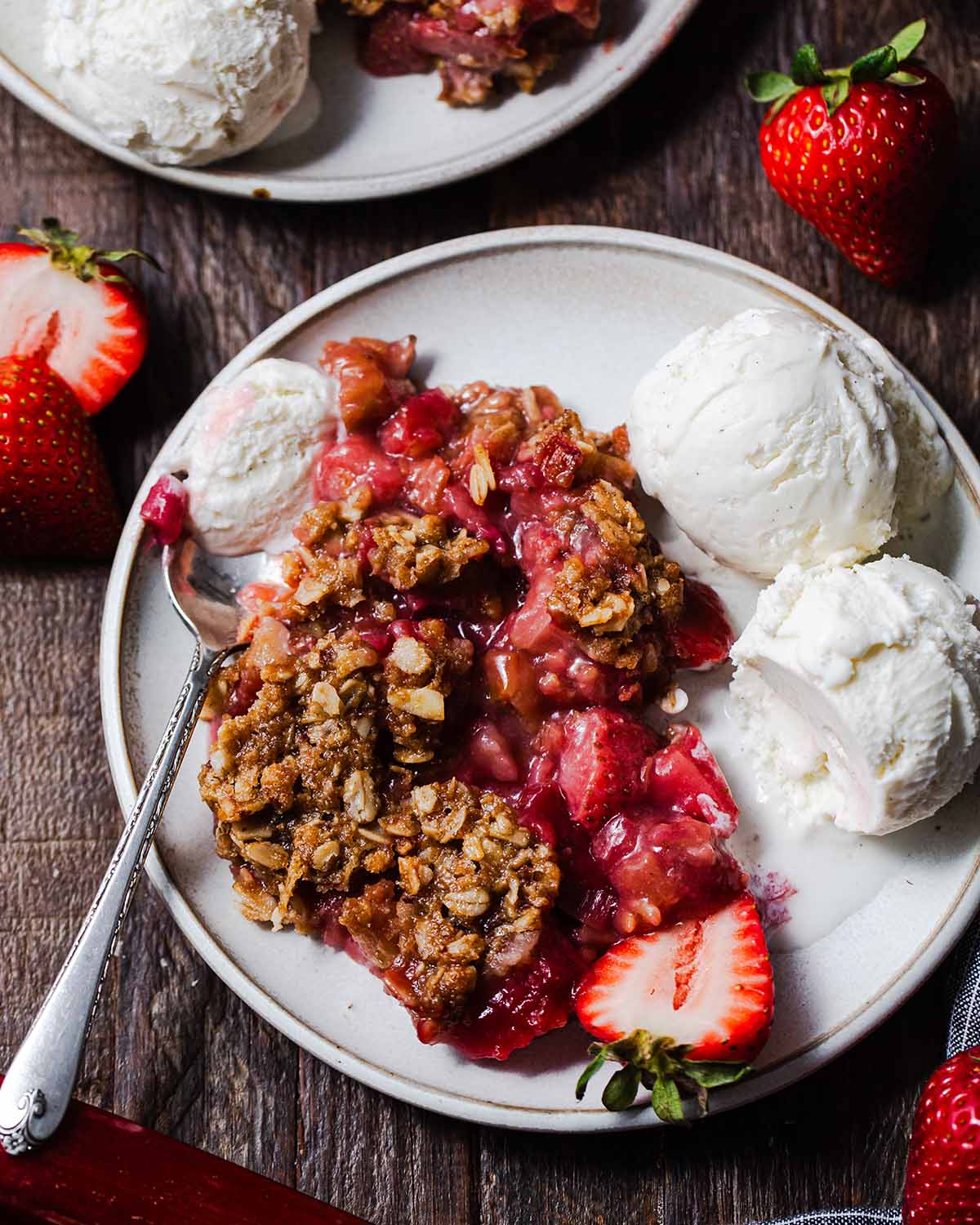 overhead photo of strawberry rhubarb crisp