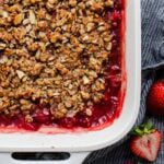 pan of warm strawberry rhubarb crisp