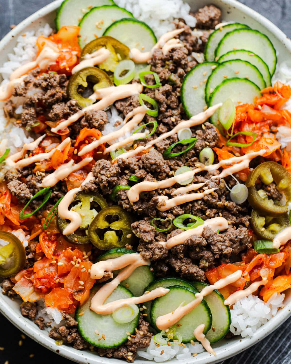 close up photo korean beef bowl with sauce