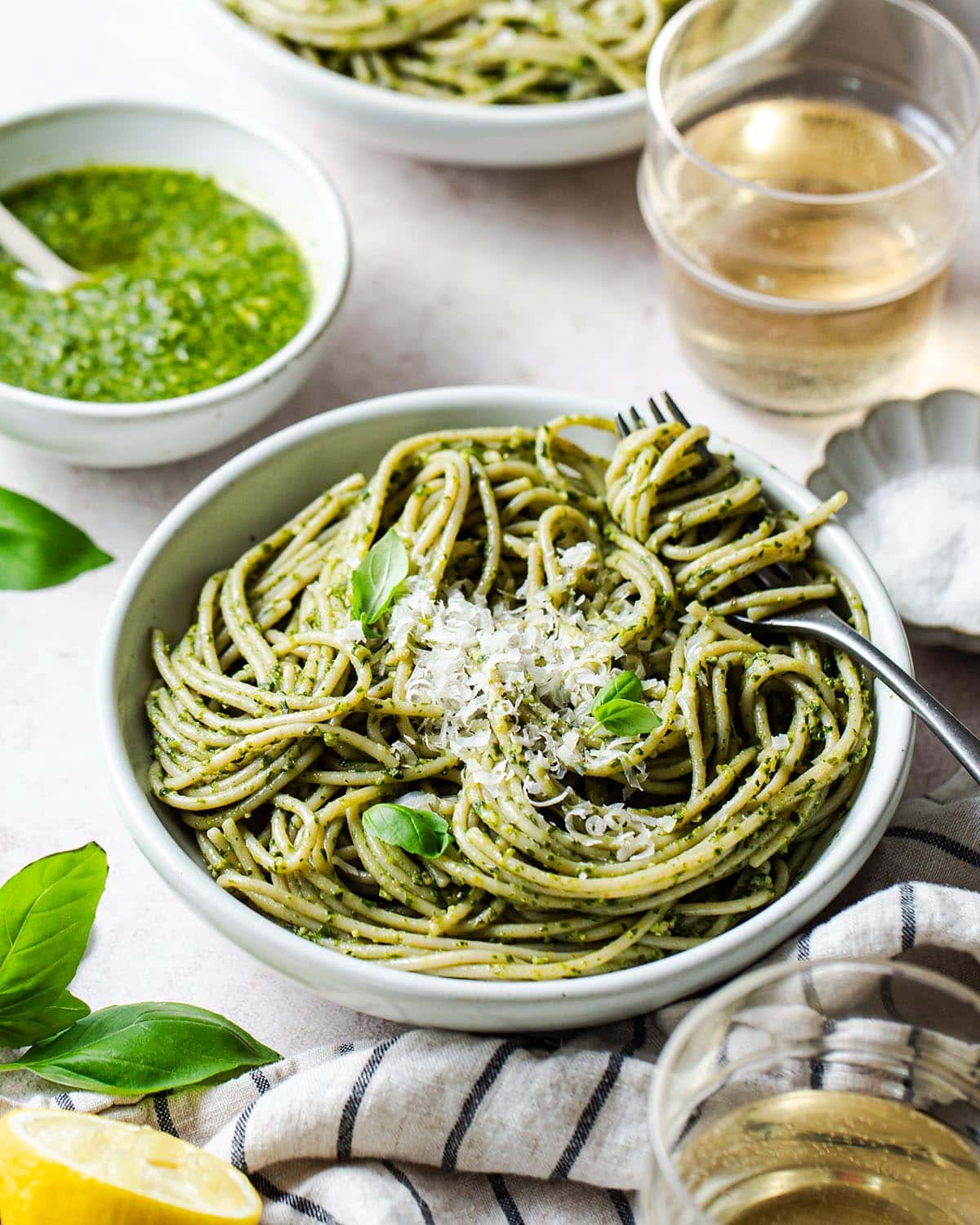 homemade pesto pasta in a bowl