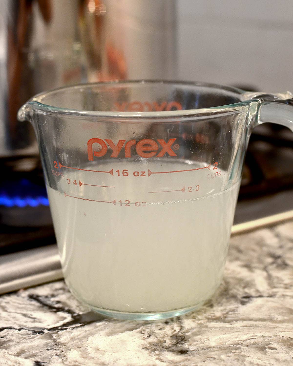 pasta cooking water in a glass dish