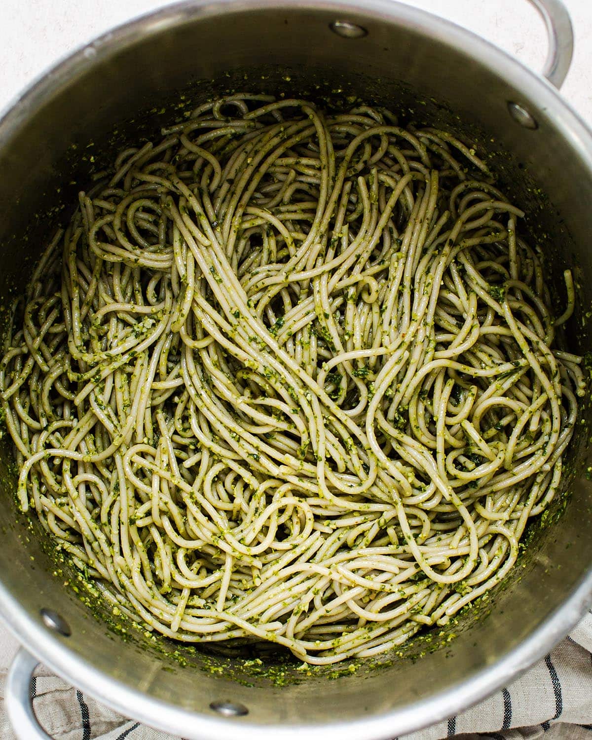pesto pasta in a cooking pot