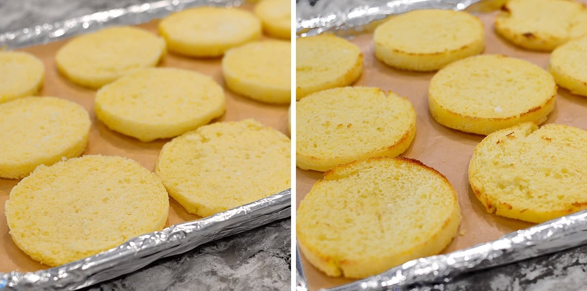 toasted gluten free english muffins on a pan