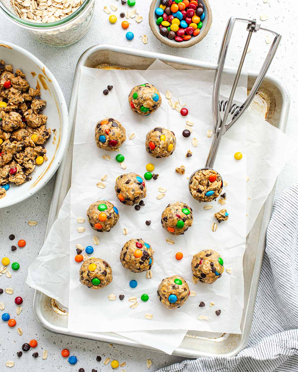 scooper of monster cookie energy bite dough
