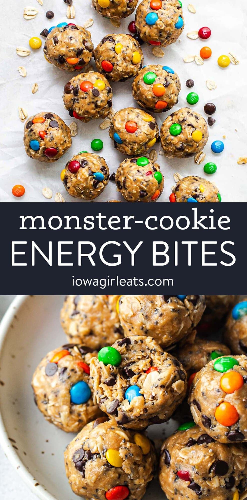 photo collage of monster cookie energy bites