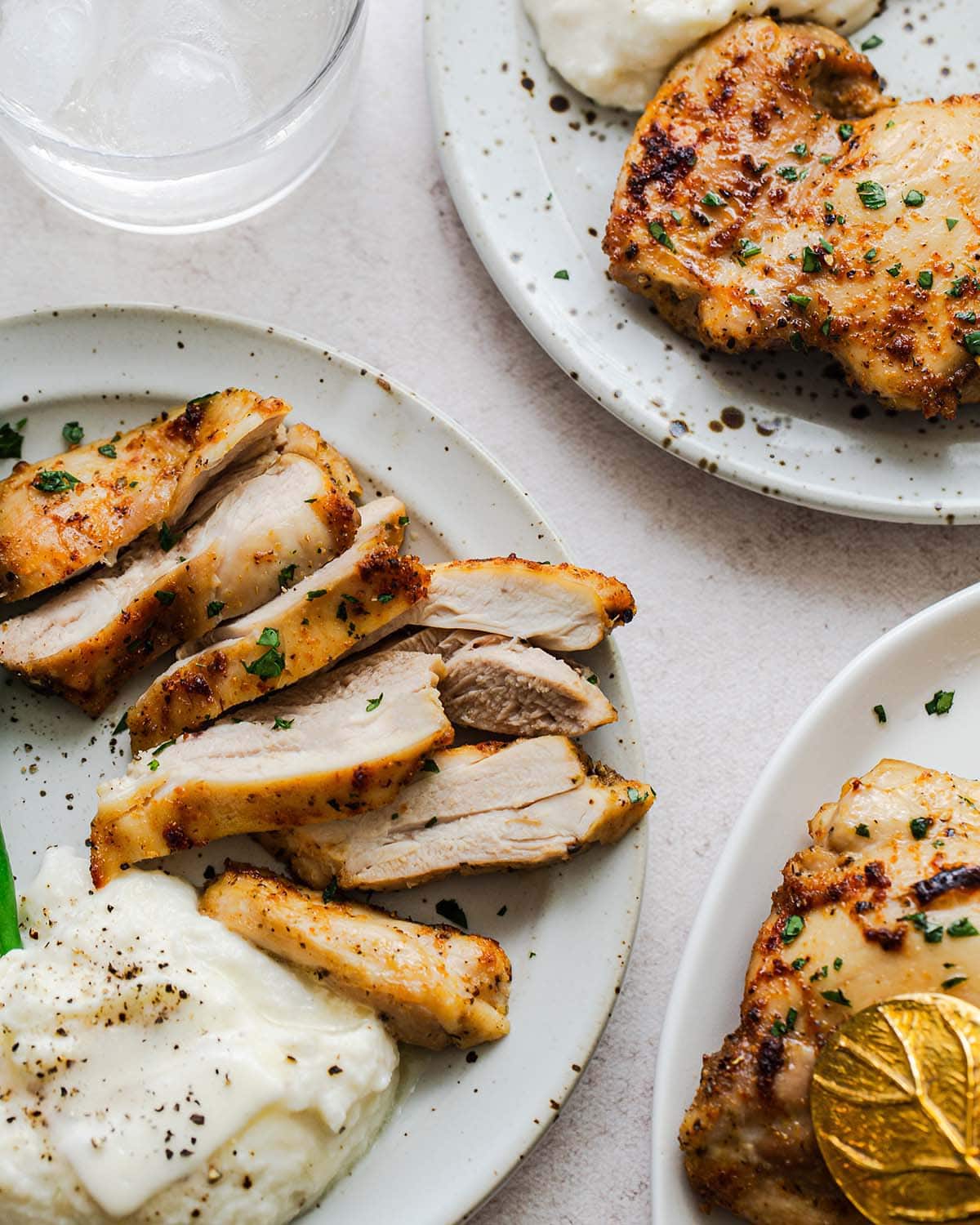 close up of a sliced boneless skinless chicken thigh