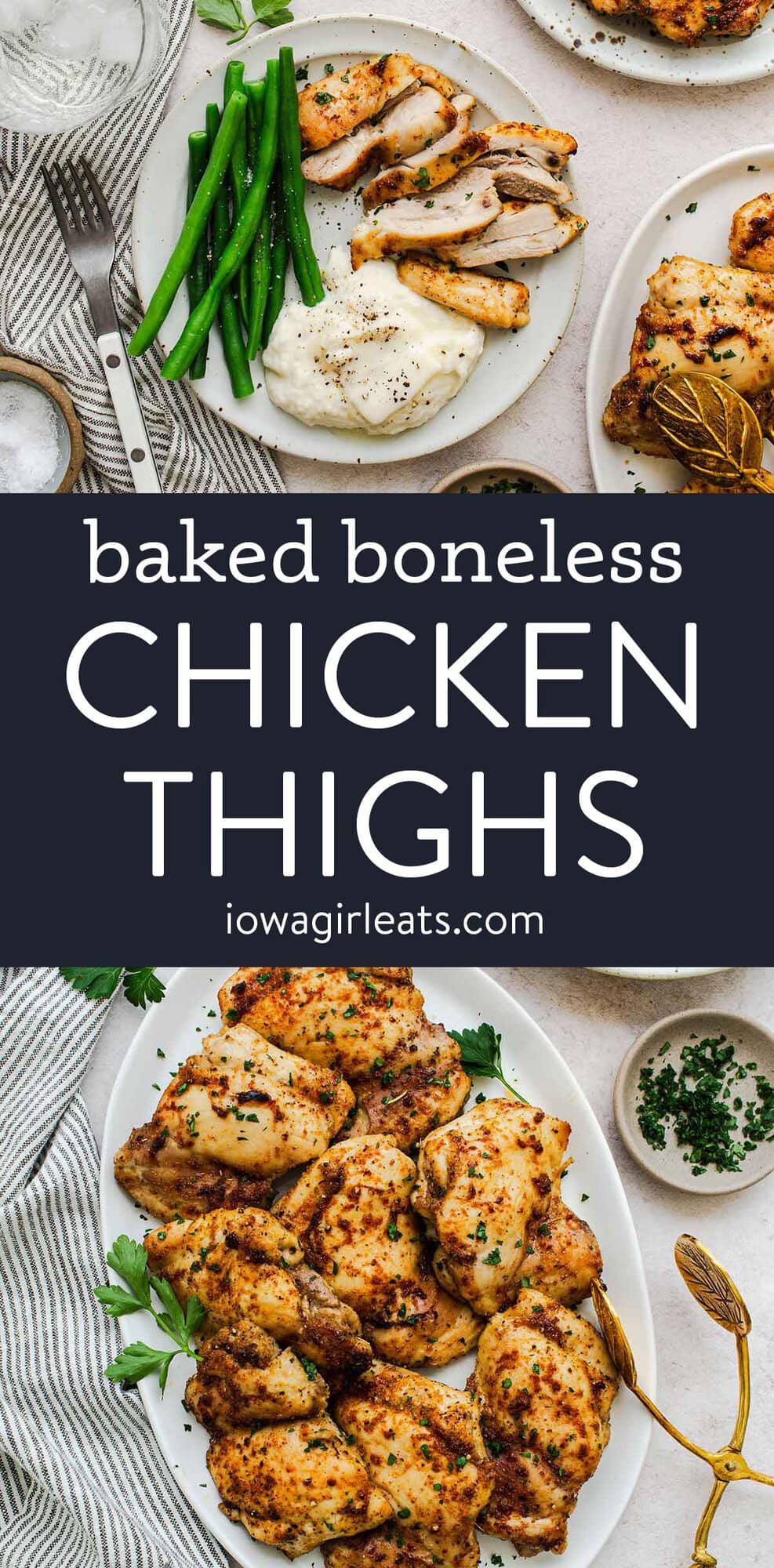 photo collage of baked boneless skinless chicken thighs