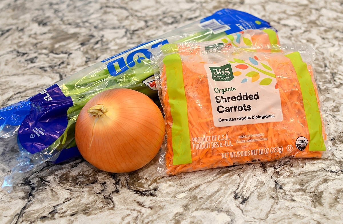 ingredients for mirepoix on a counter