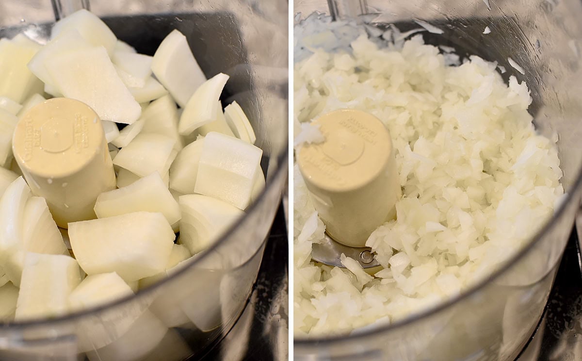 chopped onion in a food processor