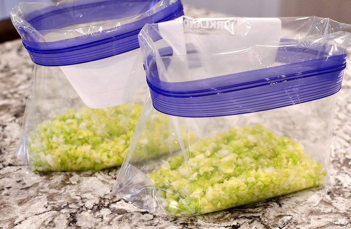 chopped celery and onion in freezer bags