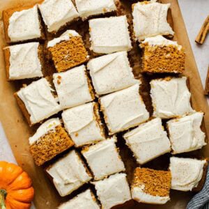 gluten free pumpkin cake bars with frosting